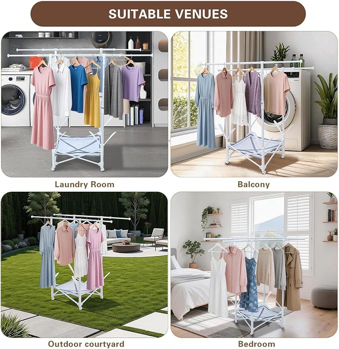 Foldable Clothes Drying Rack,Double Rod Extendable 33.1–56.7 Inches,Drying Rack Clothing with Wheels,Sweater Drying Net,Shoes Drying Rack,Hat Hanger