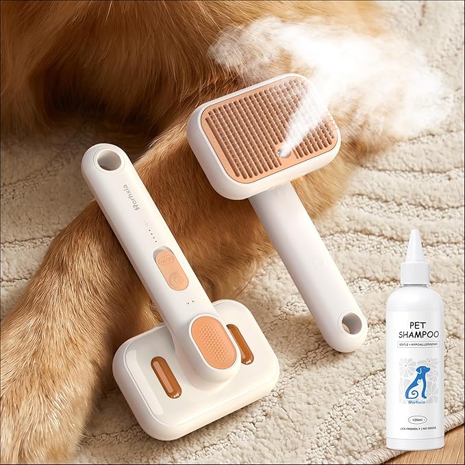 Rorhxia Steam Dog Brush for Shedding [Skin Friendly, Self Cleaning, 1*Shampoo, IPX7 Waterproof] Pet Pro Grooming Tool for Dog & Cat, Short/Long Hair, Poodle, Doodle, Bulldog, Golden, Labrador
