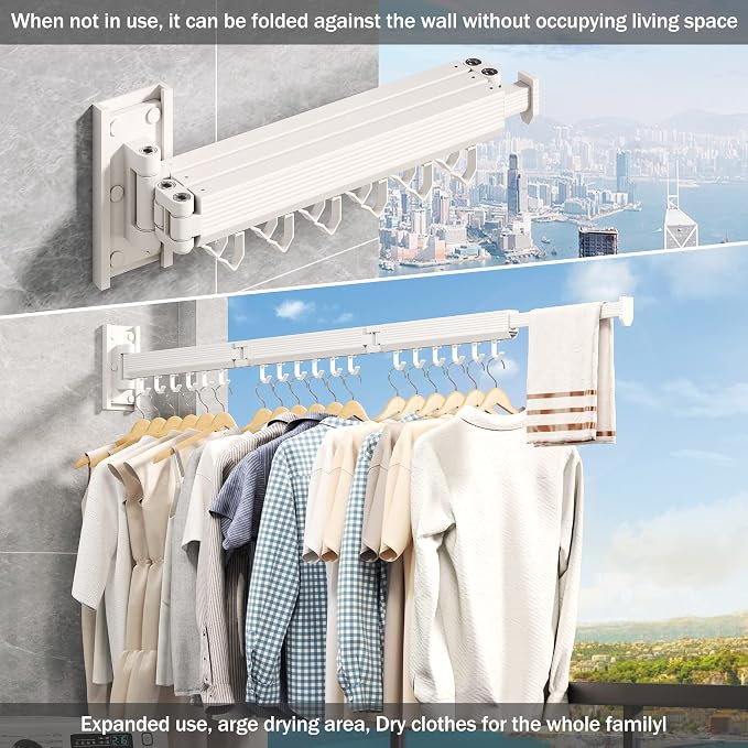 Wall Mounted Tri-Fold Clothes Drying Rack, Heavy Duty Collapsible Laundry Drying Rack, Space-Saving Retractable Foldable Drying Rack Clothes for Laundry Room Balcony Bathroom,White-Hooks