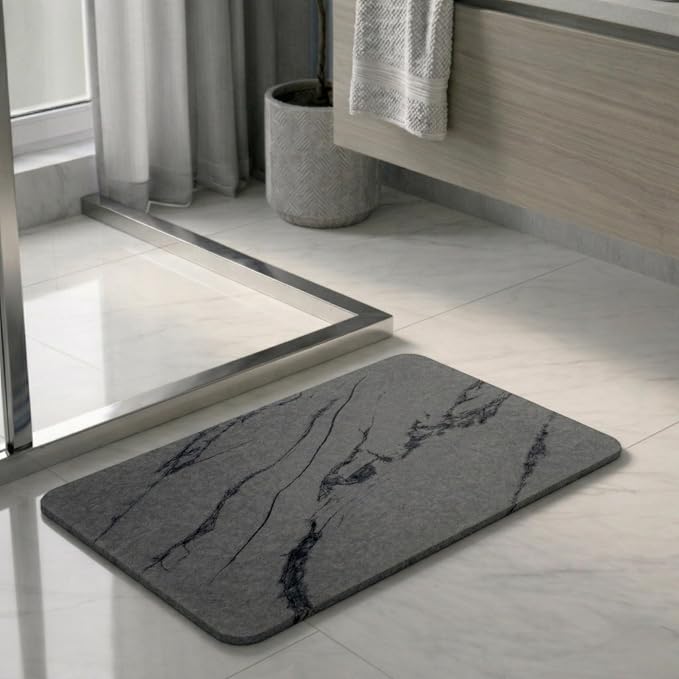 Stone Bath Mat – Diatomaceous Earth Quick Drying Non-Slip Bathroom Mat – Absorbent Diatomite Shower Mat, Durable & Easy to Clean, Modern, 23.6" x 15.3", (Charcoal Black - Marble)