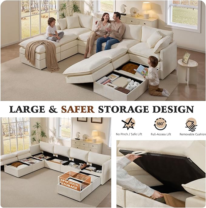 Ihanherry 135” Oversized Sectional Sofa Bed with Storage, 8-Seater Modular Cloud Couch with Movable Ottomans, Chenille Deep Seat Sleeper Couches for Living Room (Beige)