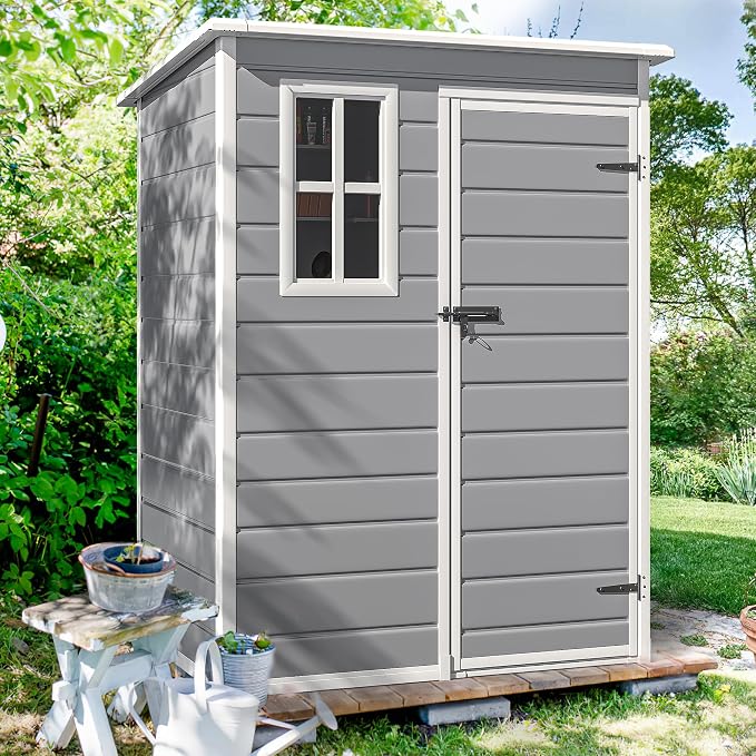 DWVO 5x3 FT Outdoor Storage Shed with Reinforced Floor, All-Weather Resin Storage Shed with Lockable Door & Window, Waterproof Plastic Tool Shed for Garden, Backyard, Patio, Lawn