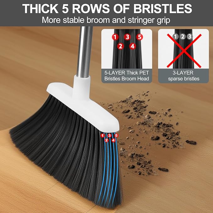 BSKLIN Broom and Dustpan Set for Home, 52" Long Handle Standing Broom Set with Dustpan Self-Cleaning Teeth for Hair Removal Heavy Duty Indoor Outdoor Sweeping Kit for Kitchen Garage (White)