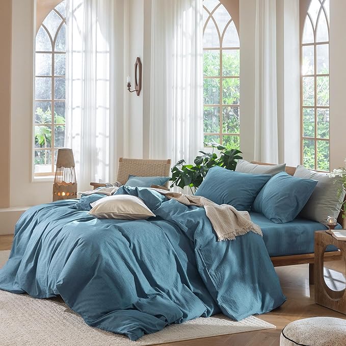 MooMee Duvet Cover Set 100% Washed Cotton Linen Like Full | Relaxed Linen-like Texture. Soft, Breathable & Long-lasting Comfort. Lightweight. Hidden Zipper with 8 Interior Corner Ties