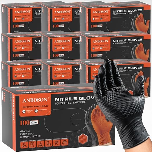 ANBOSON 10 Mil Heavy Duty Mechanic Nitrile Gloves, Black Medium 1000 Count | Diamond Grip, Latex Free Disposable Chemical Resistant Rubber Gloves for Industrial,Workshops, Auto Repair,Janitorial,Food