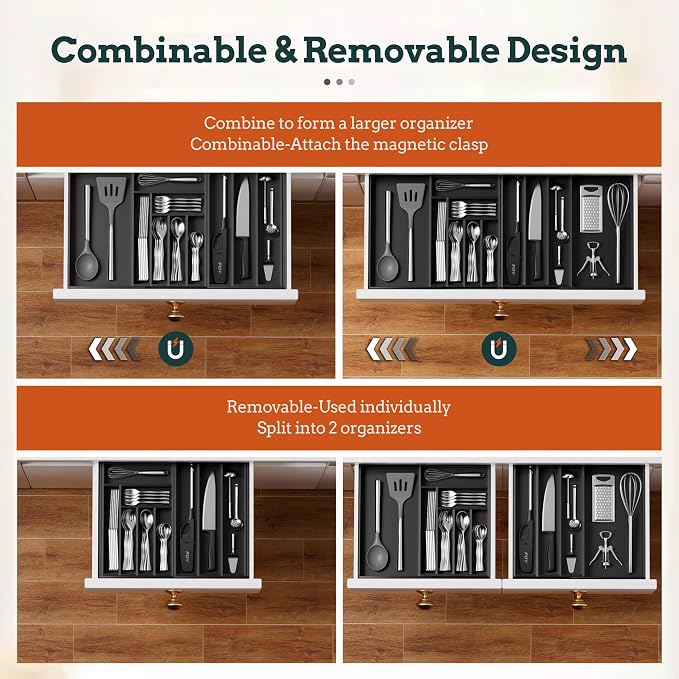 Silverware Organizer Large, Magnetic Connected Expandable 11 Slots Silverware Drawer Organizer from 21 to 37.4 Inches, Adjustable Flatware and Cutlery Holder, Bamboo Utensil Tray for Kitchen Black