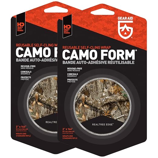 GEAR AID Camo Form Self-Cling and Reusable Fabric Camouflage Wrap, Adds Grip and Shield Hands from Hot or Cold Surfaces to Protect You and Your Equipment, Realtree Edge, 2” x 144” Roll, 2 Pack