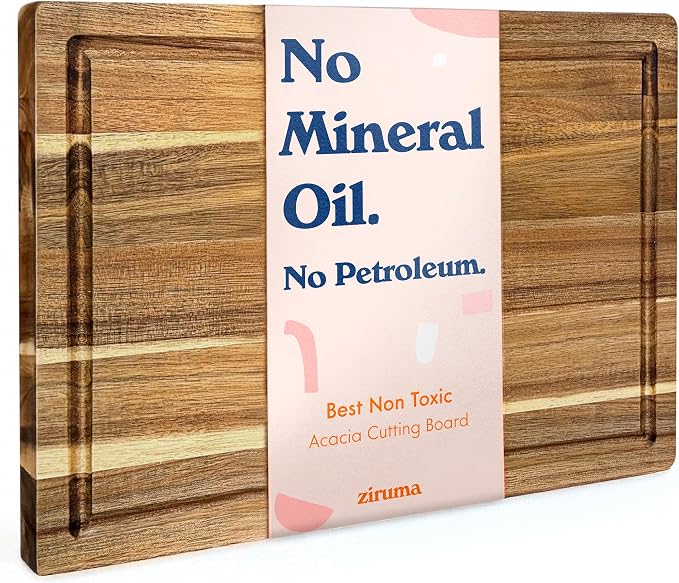 Non-Toxic Acacia Wood Cutting Board, Mineral Oil & Plastic Free, 16x11 in | Petroleum & BPA free. FSC-certified wood. Knife-friendly surface. Beeswax, flaxseed & lemon oil finish.