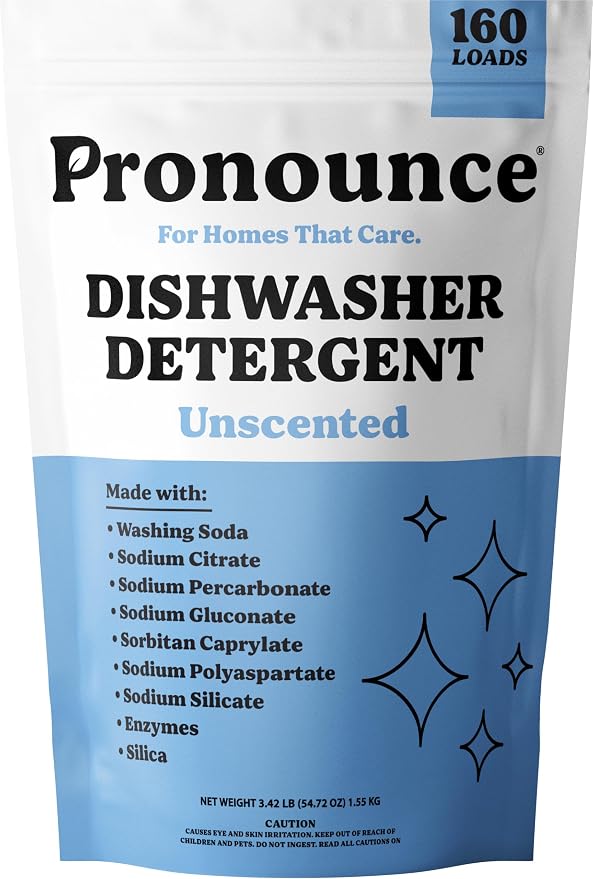Pronounce Dishwasher Detergent Powder - Cleaner Ingredients, Fragrance Free - Ultra Concentrated, Cuts Grease and Grime, Dishwasher Pods Alternative. (160 Loads, Unscented).
