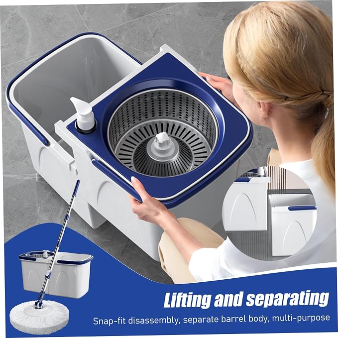 Spin Mop and Bucket Set 43-51" Telescopic Microfiber 15" Round Mop with Wringer, 2 Pads & Detachable 2 Compartment Bucket with Draining Hole for Home Spin and