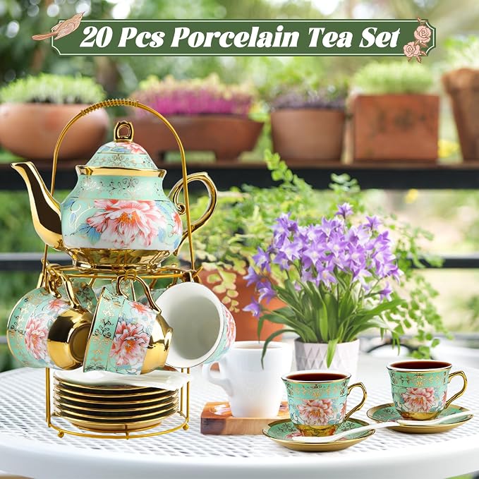 20 Pcs Porcelain Tea Set with Metal Holder and Spoon, European Ceramic Tea Set for Adults, European Flower Painting Teapot Cup Saucer Spoon Set for 6, Gift Pack