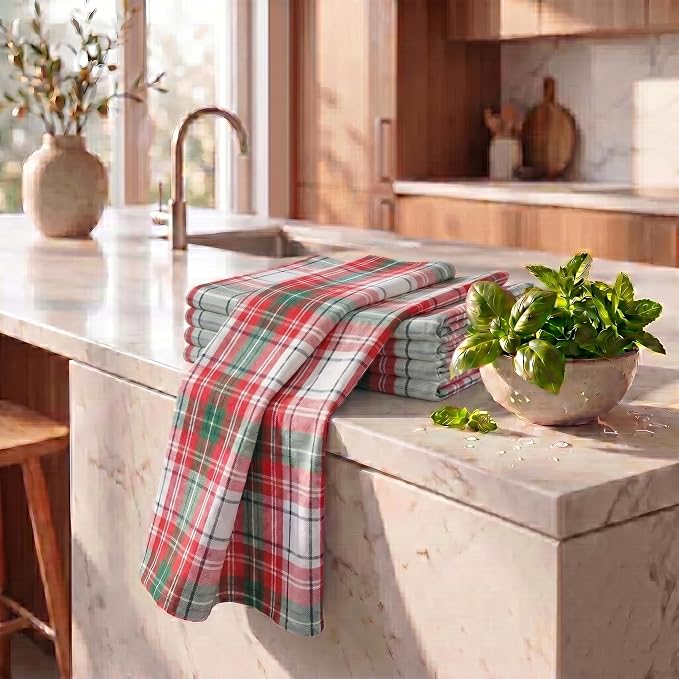 Urban Villa Christmas Kitchen Towels 100% Cotton Dish Towels for Kitchen (Set of 6) 20”x30” Dish Cloths Absorbent Kitchen Linen Set with Hanging Loop Perfect for Drying Dishes Cleaning – Christ Check