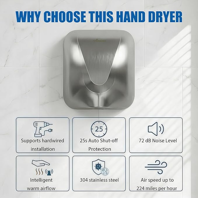 Commercial Hand Dryer for Bathroom, Automatic Wall Mounted Stainless Steel Electric Hand Dryer for Restrooms, Offices, Hotels, Restaurants & Public Facilities, Silver