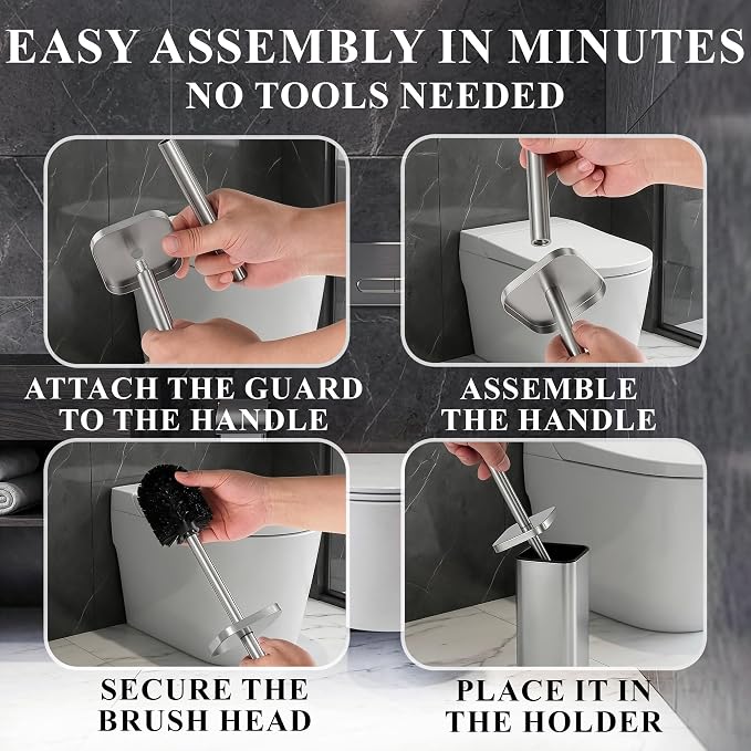 Toilet Brush with Square Holder - Toilet Brush and Holder Set Silver, Stainless Steel Handle with Splash Shield, Replaceable Head and Removable Inner Cup - Freestanding Bathroom Toilet Cleaning Set