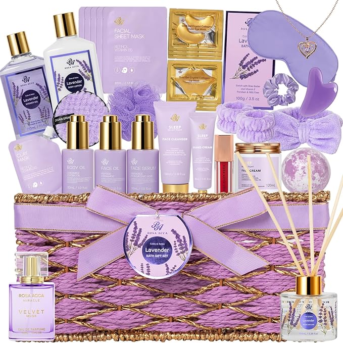 35 Pcs Mothers Day Gifts, Lavender Bath & Body Gift Basket for Women, Facial Skin Care Set, Home Spa Basket, Self-Care Set, Face Sheet Mask, Necklace, Birthday, Christmas,Anniversary