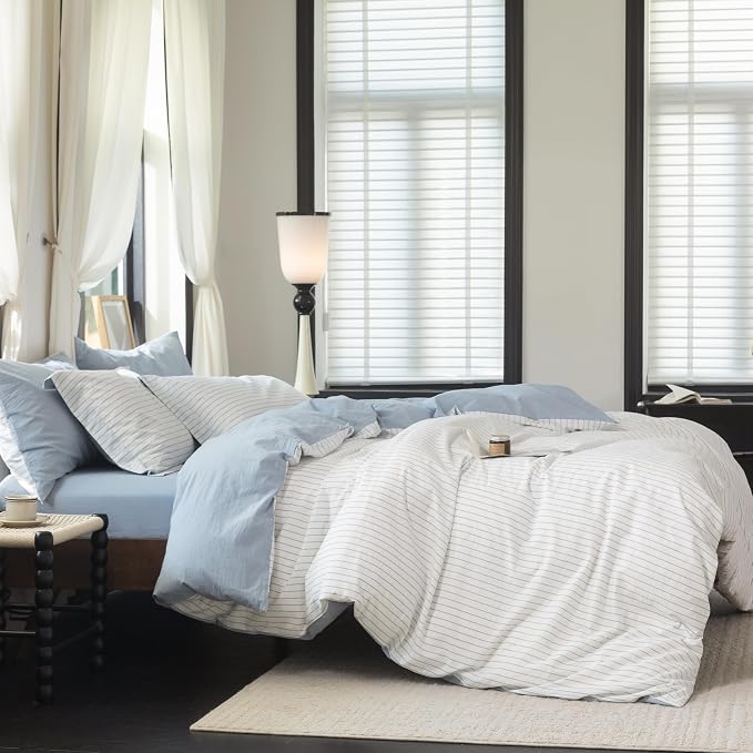 Reversible Duvet Cover Set 100% Washed Cotton Sky Blue Stripe Linen Feel Duvet Cover Queen Size with Zipper Closure & 2 Pillow Shams,Sky Blue/White Stripe Reverse Solid Sky Blue