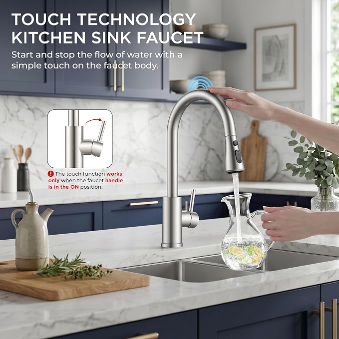 FORIOUS Touch Activated Kitchen Faucets Pull Down Sprayer, Brushed Nickel | High Arc Kitchen Sink Faucet with Deck Plate, Stainless Steel, Single Hole, Single Handle, Fit for RV Bar Farmhouse Laundry