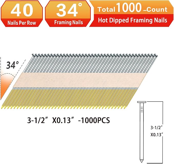 34°Framing Nails,Ring Shank,3-1/2":1000pcs | D Head Nail Pack,Hot Dipped Galvanized Paper Tape Strip Nails,for 30 to 34 Degree Framing Nailer