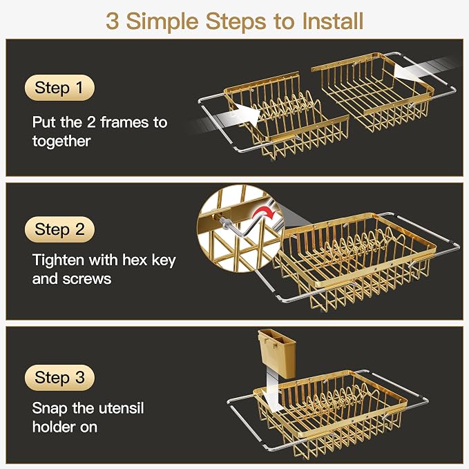JASIWAY Gold Dish Drying Rack Over the Sink with Utensil Holder | Expandable Stainless Steel Dish Driainers for Small Kitchen, Counter Space Saving, Fast Drain, Rust Resistant, For Apartment
