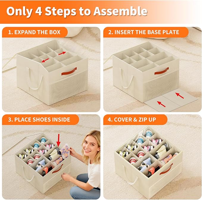 Aokeyee 2 Pack Shoe Organizer for Closet, Stackable Shoe Storage Box, Beige | Fits up to 32 Pairs, Space Saving, Foldable, Shoes Organizer Bin with Clear Cover, 4 Reinforced Handles