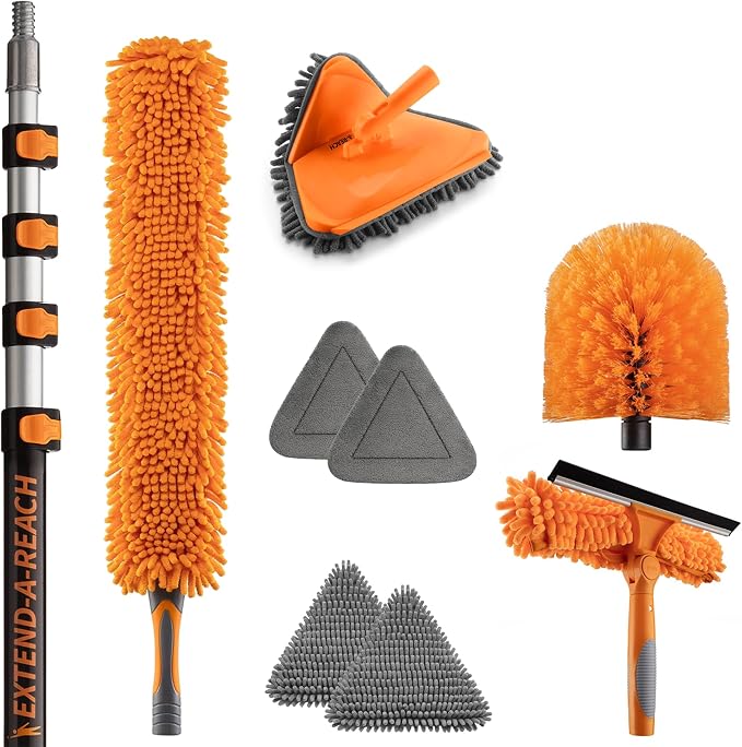 24 Foot High Reach Duster Kit with 5-18 ft Extension Pole for High Ceiling | Dusting & Window Cleaning Kit with Telescopic Pole, Baseboard and Wall Mop, Squeegee, Fan Blade & Cobweb Dusters