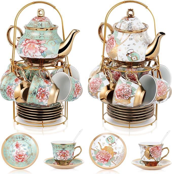 Zhehao 40 Pcs Porcelain Tea Set with Metal Holder and Spoon Adult Ceramic Tea Set European Flower Painting Teapot Cup Saucer Spoon for Women Mom Gift, Large Version (Fresh Style,Bright Style)