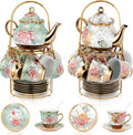 Zhehao 40 Pcs Porcelain Tea Set with Metal Holder and Spoon Adult Ceramic Tea Set European Flower Painting Teapot Cup Saucer Spoon for Women Mom Gift, Large Version (Fresh Style,Bright Style)