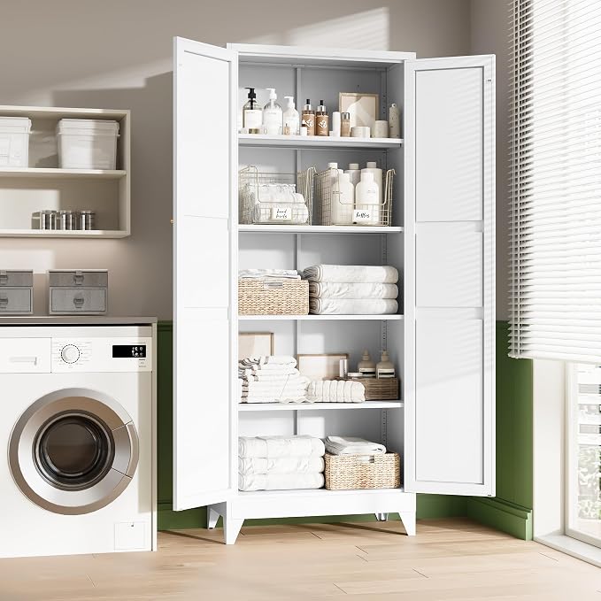 75" H Metal Storage Cabinet with 2 Doors and 4 Shelves,Tall Kitchen Pantry Cabinets,Farmhouse Utility Pantry Organizers for Cupboard/Dining/Bathroom/Home Office/Garage Room,White