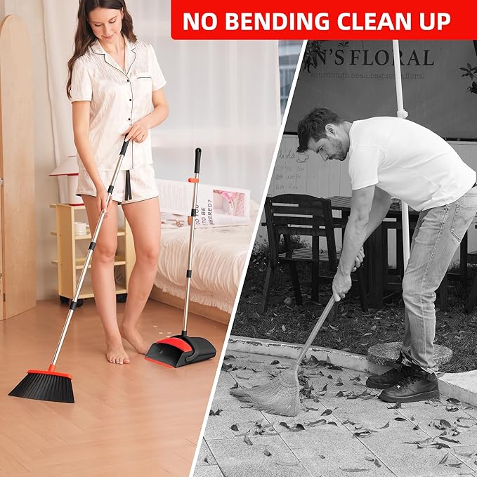 BSKLIN Broom and Dustpan Set for Home, 52" Long Handle Standing Broom Set with Dustpan Self-Cleaning Teeth for Hair Removal Heavy Duty Indoor Outdoor Sweeping Kit for Kitchen Garage (Black)