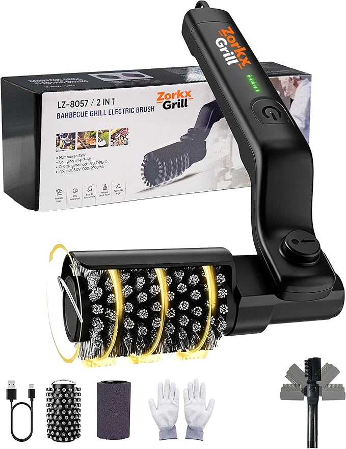 Electric Grill Brush, 3-Speed Cordless Adjust Rotary BBQ Cleaner for Burnt-On Grease on Gas, Charcoal & Smoker Grates, 20kg Max Torque & Heavy-Duty Steel Bristles (Grill Brush)