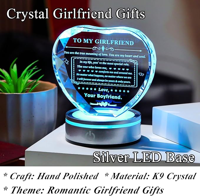 Gifts for Girlfriend Crystal Heart with LED Base Gifts to My Girlfriend from Boyfriend Romantic Anniversary Birthday I Love You Gifts for Her