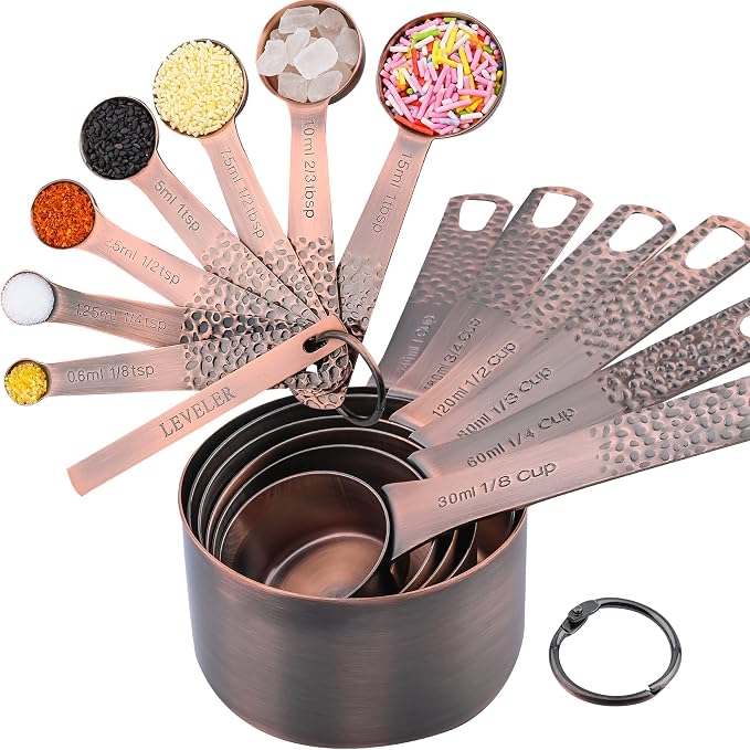 Copper Measuring Cups and Spoons Set for Drying & Liquid, Stainless Steel 6 Copper Measuring Cups and 7 Measuring Spoons with 1Leveler and 2 Locking Rings for Kitchen