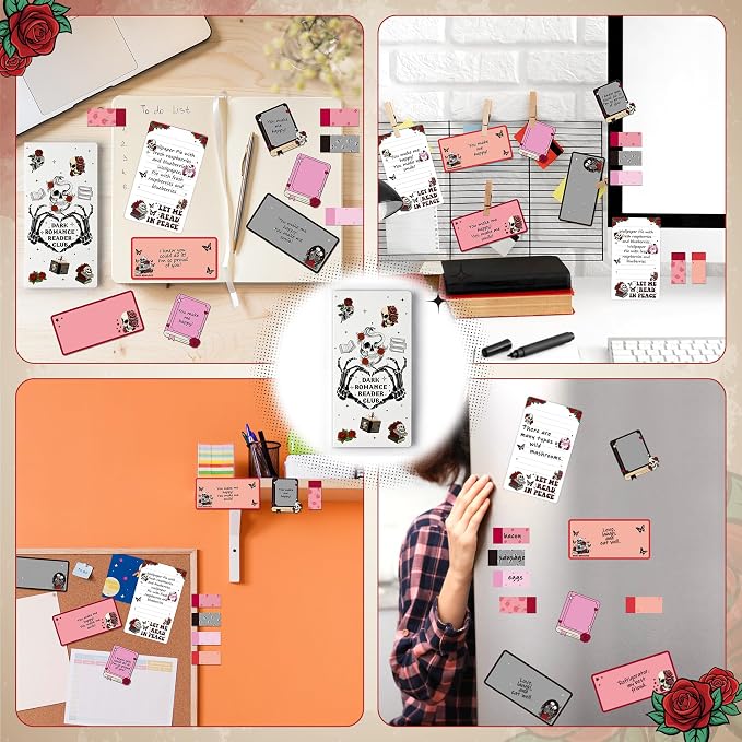 Xqumoi Let Me Read in Peace Dark Romance Sticky Notes Set - 550 Sheets Rose Skull Self-Stick Note Pads Dark Romance Book Lovers Gift Divider Tabs Bundle Writing Memo Pad for Teens Adults