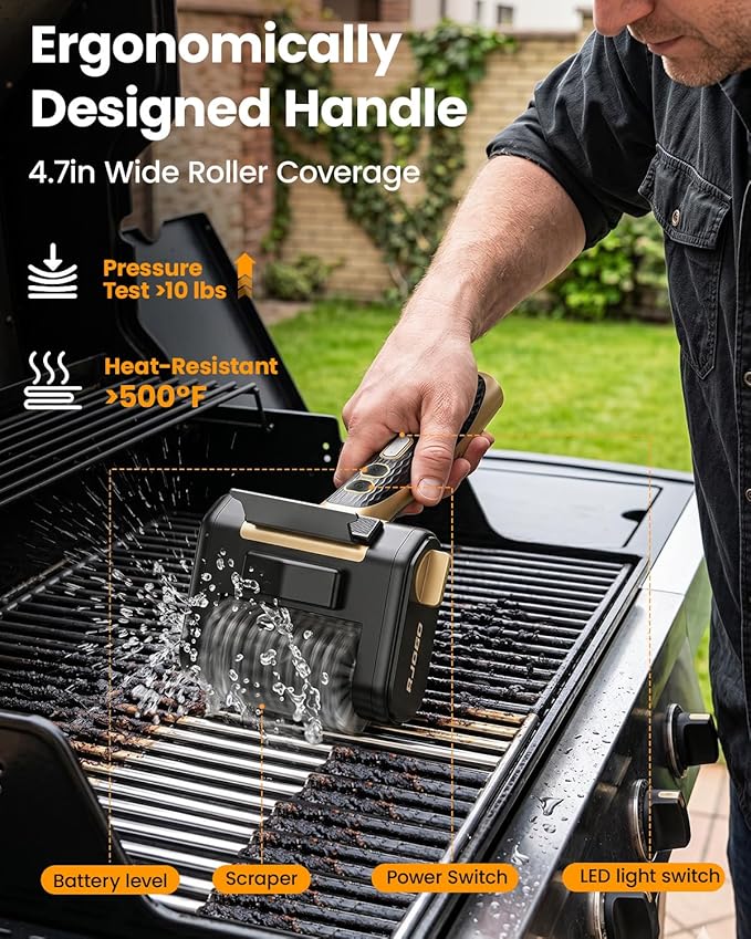 Electric Grill Brush for Outdoor Grill, Cordless BBQ Cleaner with LED Light, Scraper, Dishwasher‑Safe Bristles, 4000 mAh Battery, Rechargeable Power Grill Scrubber (Gold)