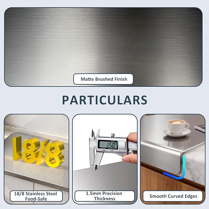 304 Stainless Steel Cutting Board with Lip,Food Grade Prep Board 15.7x11.4" | Dishwasher safe, L-Shaped Edge, Non-Slip Pads, Hygienic Surface, Easy Clean, For Meat, Fruit, Vegetables & Bread