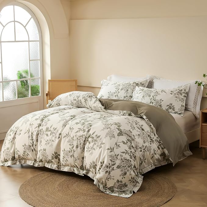 OAITE Duvet Cover Set Twin Size Floral Pattern 600 Thread Count Ultra Soft 100% Long Staple Cotton Duvet Cover Sets 3-PC, Breathable Duvet Cover with Zipper Closure & Corner Ties