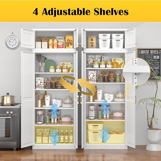 Steeloong 86"Metal Pantry Storage Cabinet with Doors & 4 Adjustable Shelves | Kitchen Pantry Cabinet,White Kitchen Cabinet with 4 Gold Handles,Tall Cabinet for Livingroom,Pantry, Bathroom,Kitchen,Garage