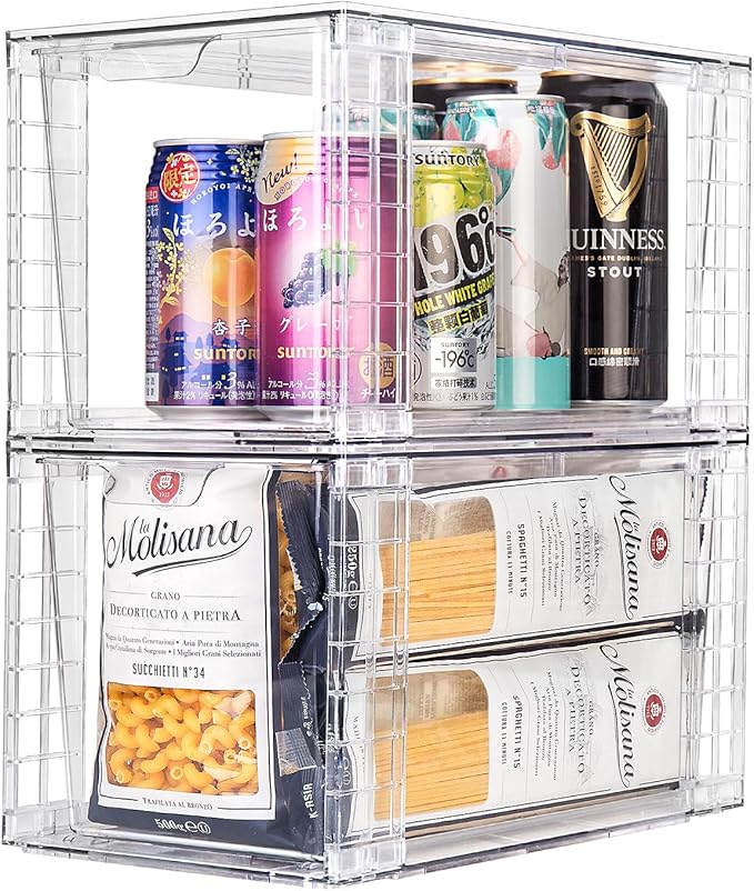 2Pack Large Stackable Kitchen Storage Drawers, Clear Foods Organizer Bins with Handles, Easily Assemble for Bathroom, Kitchen, Pantry, Cabinet, Closet(XL-UP Handle)