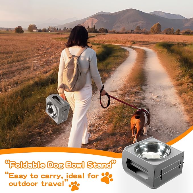 Elevated Dog Bowls for Large Dogs 5 Adjustable Heights 7.5"-15.4", 2 X-Large 10” Stainless Steel Bowls, Heavy Duty Raised Dog Bowl Stand Foldable Pet Feeder for Dogs Shoulder Height Over 15”, Grey
