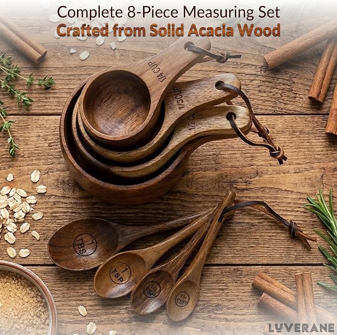 wooden measuring cups and spoons set - 8 Piece Solid Acacia Wood Stackable Kitchen Essentials for Precise Cooking, Baking & Food Prep - Engraved Measurements