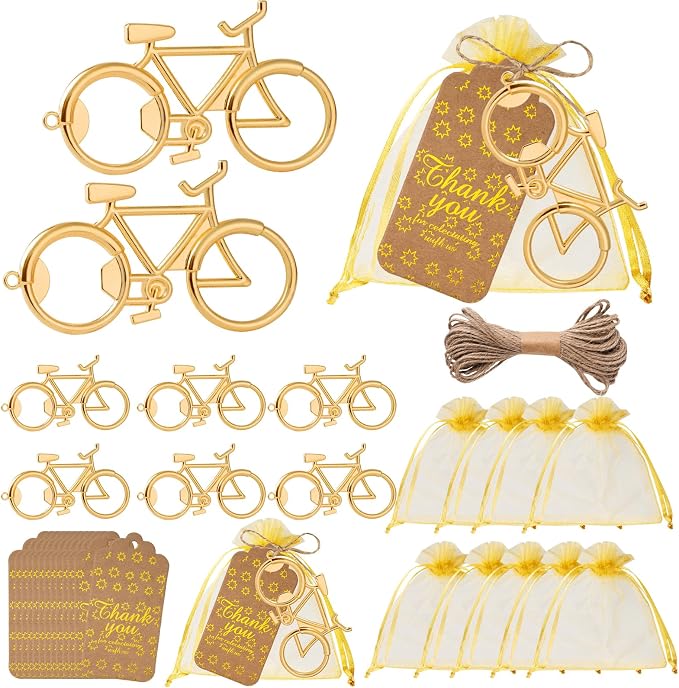50 Pack Bicycle Bottle Openers Bike Party Favors Beer Opener Bulk Gifts | Gift Ready Set, Durable Zinc Alloy, Gold Finish,Organza Bags, Writable Gift Tags, Cycling Theme, Guest Keepsake