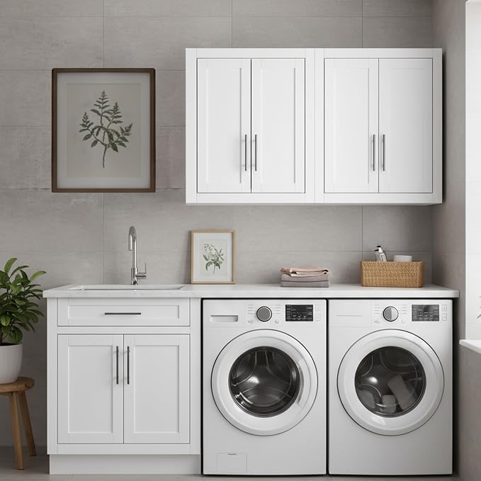 Crosley Furniture Savannah 2-Piece Wall Storage Cabinet, Cabinets for Laundry, Bathroom, Kitchen, White