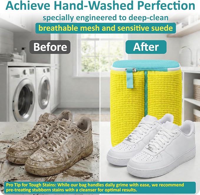 Shoe Washing Machine Bag for Sneaker Cleaning Laundry Shoe Bag, Yellow | Dual Compartment, Full Protection, Clasp-Lock Zipper, Dense Chenille, Bound Edge & Seams