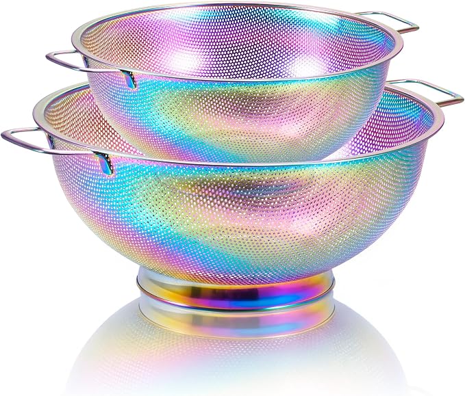 2PCS Rainbow Strainer for Kitchen, 3QT and 5QT, Stainless Steel Colander with Handle for Fruits Vegetables Cooking Food, Dishwasher Safe