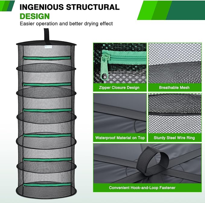 Yesker 6 Layer Herb Drying Rack Hanging Mesh Net Foldable Plant Drying Racks 24" Diameter with Green Zipper & Hook Dryer Hanging Rack for Herbs Seed Bud Fruit Clothes Grow Tent Closets Garden Outdoor | 24" Diameter with Green Zipper & Hook Dryer Hangin...