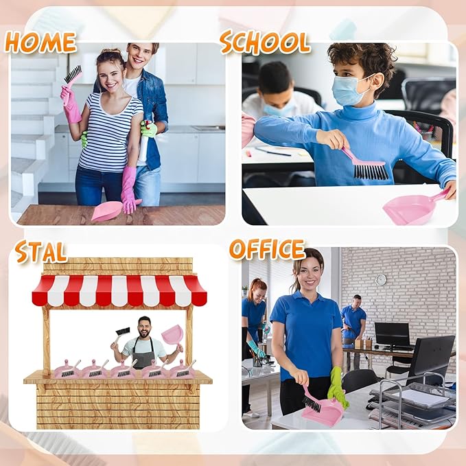 Sliner 18 Pack Mini Dustpan and Brush Set Nesting Snap Plastic Dust Pans with Brush Small Handheld Broom and Dustpan Set Bulk Portable Cleaning Suitable for Desktop Pets Care Camping(Pink)
