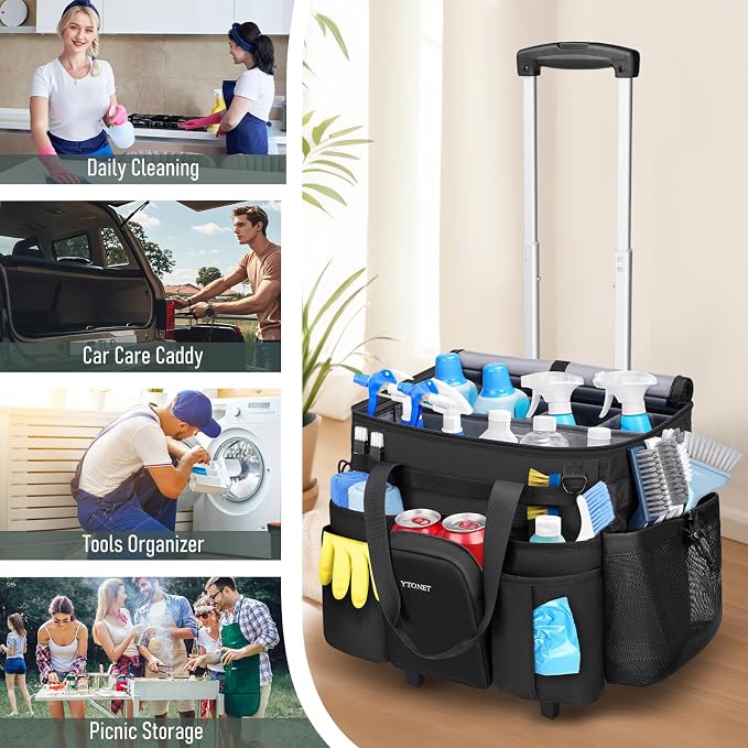 Ytonet Cleaning Caddy with Wheels, Large Rolling Cleaning Caddy Bag with Detachable Trolley for Housekeepers, Water Resistant Cleaner Supplies Organizer with Wheels for Kitchen, Car, Tool Organizer