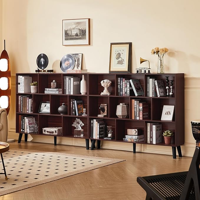 LEYAOYAO 10 Cube Bookshelf, Mid-Century Modern Book Shelf with Legs, Walnut | 3 Tier Bookcase, 55" Wide Rustic Wood Bookshelves Large Storage Organizer, Open Shelves for Bedroom, Living Room, Office