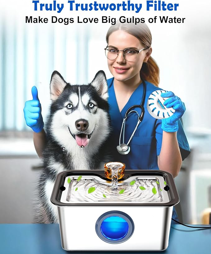 Large Dog Water Fountain SS304,3Gal Ultra-Purification Dog Cat Drinking Bowl Dispenser with Deep Purification Filter,Big Visual Window,Triple Waterfall Structures,Low Water Indicator Pump