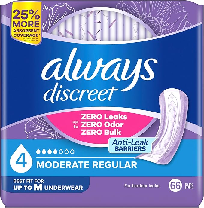 Always Discreet Adult Incontinence Pads for Women, Drier, 4 Drop Regular Length, Moderate Absorbency, Pads for Bladder Control Management, Bladder Leaks, & Postpartum Pads, 66ct
